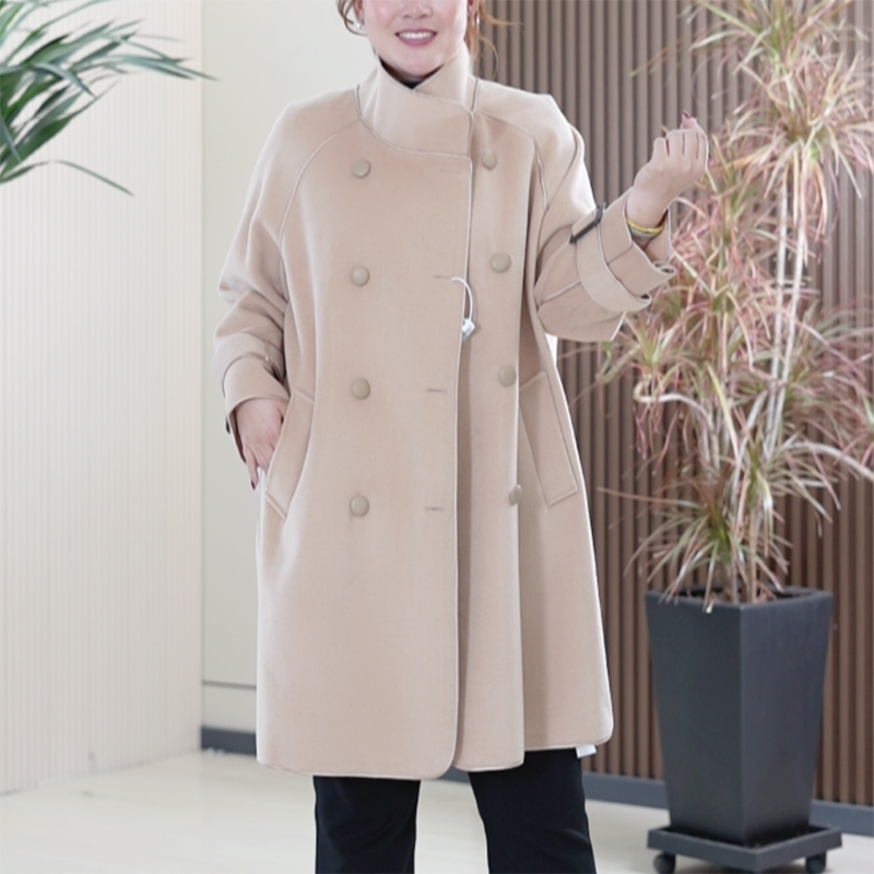韩版毛呢大衣翻领设计师款大码时尚包布扣宽松中长款双面呢外套女