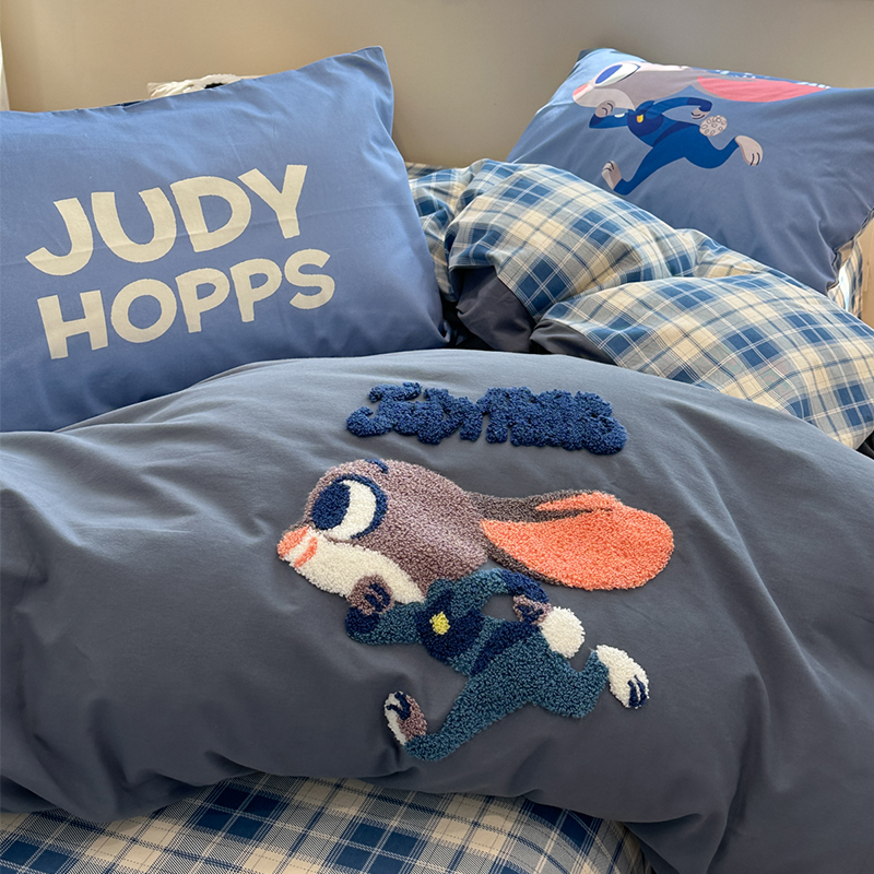 水星高端适用家纺可爱蓝格兔子警官磨毛四件套全棉纯棉2024新款被