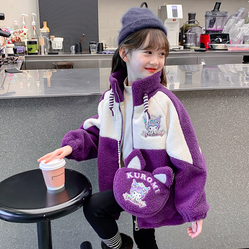 女童毛毛衣儿童外套加厚上衣洋气时尚加绒毛绒秋冬冬季童装送包包