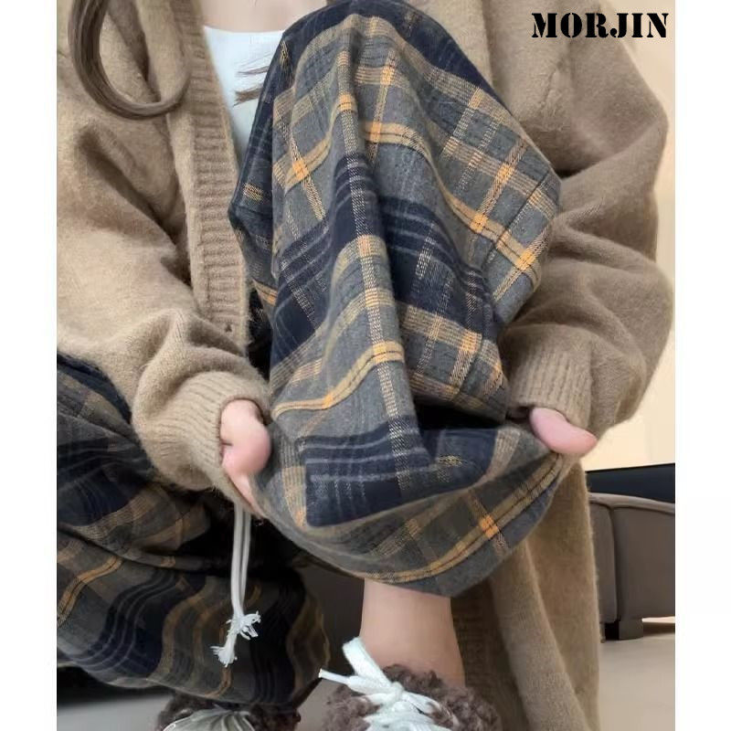 磨毛格子阔腿裤女胖MM大码秋冬季加绒高腰垂感休闲显瘦直筒拖地裤