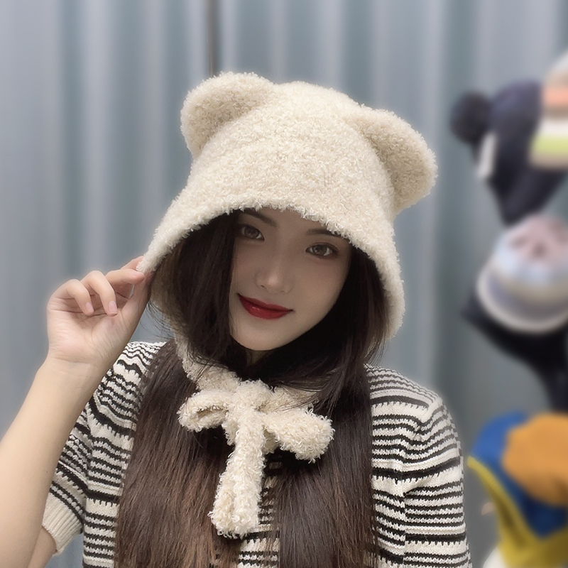 大头围毛线帽秋冬女新可爱百搭小熊针织帽保暖帽子护耳帽堆堆帽