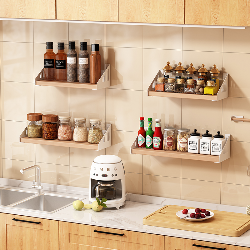 免打孔厨房置物架壁挂式卫生间浴室家用调料瓶木板壁挂挂架收纳架