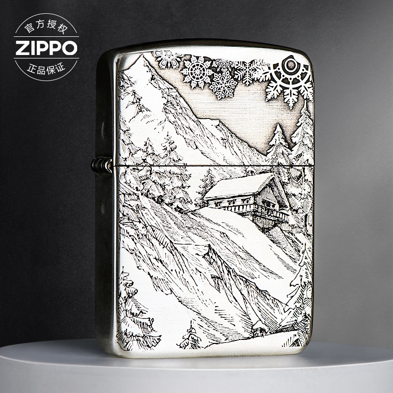 ZIPPO/之宝打火机S925银雪山小屋1941复刻镜面双面精雕 DYJ1
