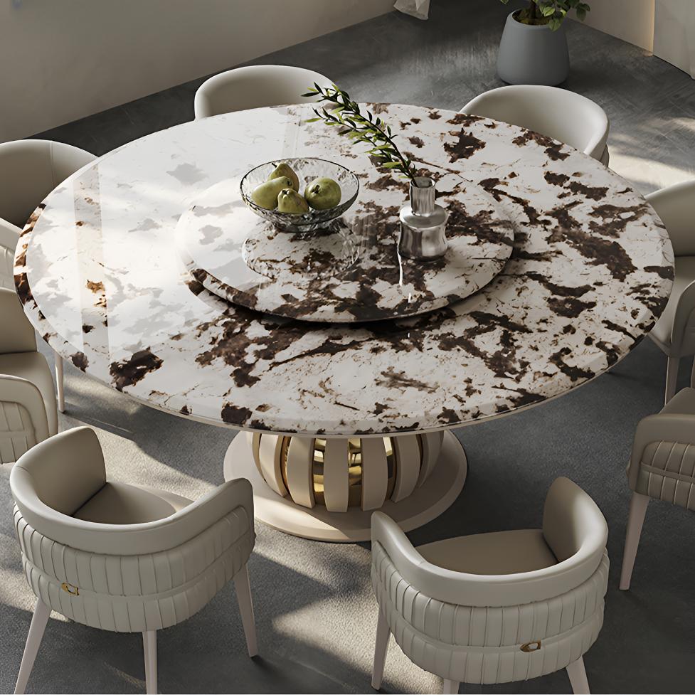雪山飞狐奢石圆餐桌带转盘家用意式轻奢餐厅圆形大理石吃饭桌子