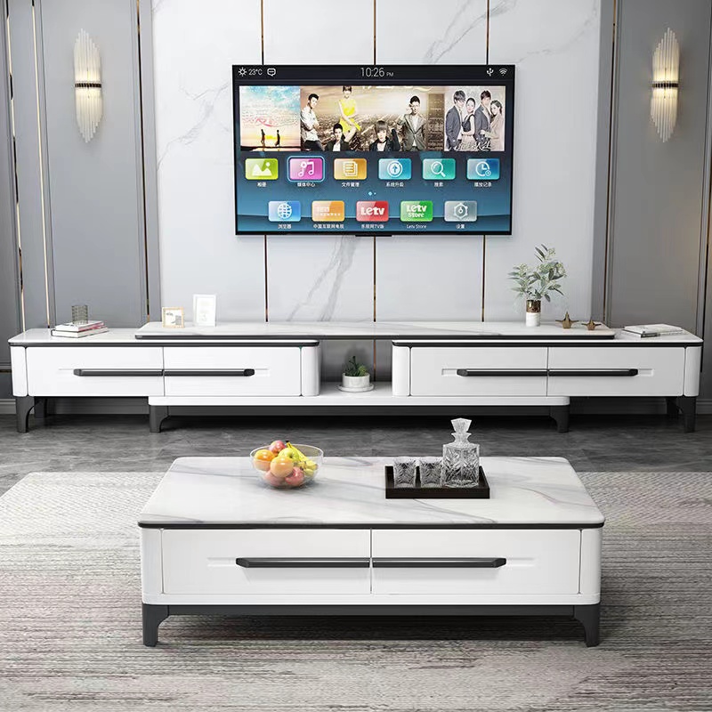 2024新款实木茶几电视柜组合小户型可伸缩家用岩板落地电视机柜子