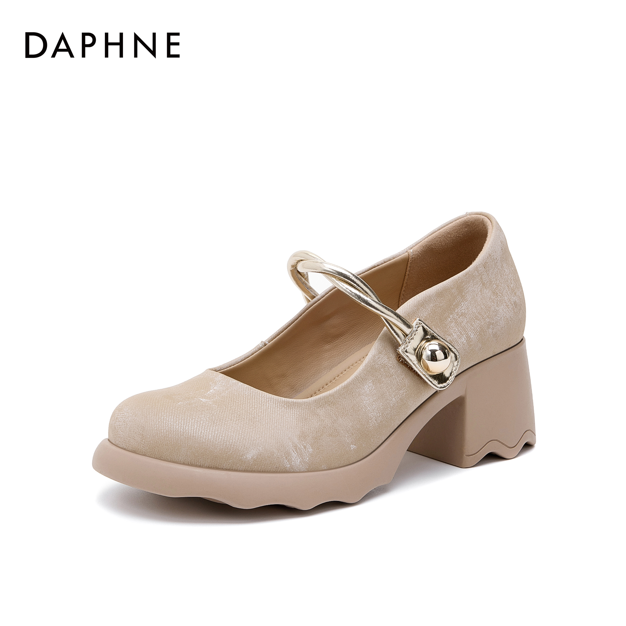 达芙妮百搭时尚复古法式粗跟浅口跟鞋时尚秋季厚底圆头玛丽珍单鞋