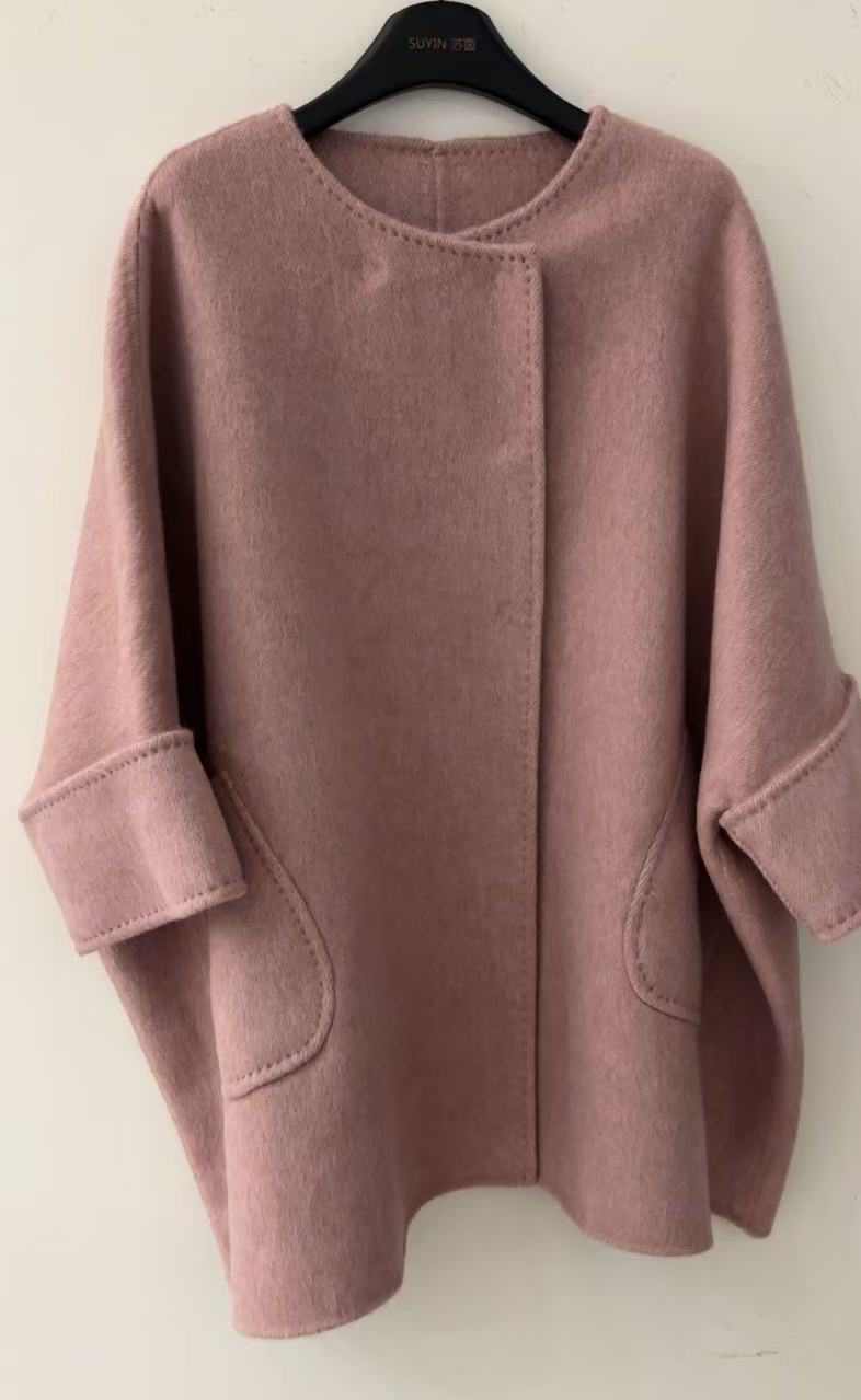 欧货宽松斗篷手工双面羊毛兔毛桑蚕丝大衣