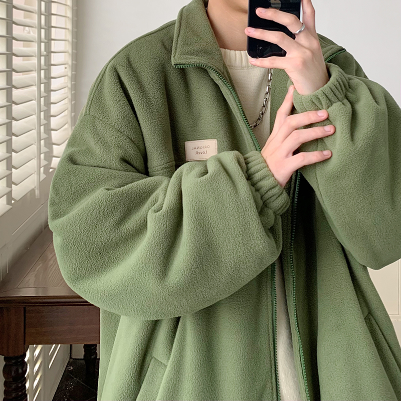 美式休闲vibe男装抓绒衣外套颗粒摇粒绒休闲开衫加绒百搭上衣厚