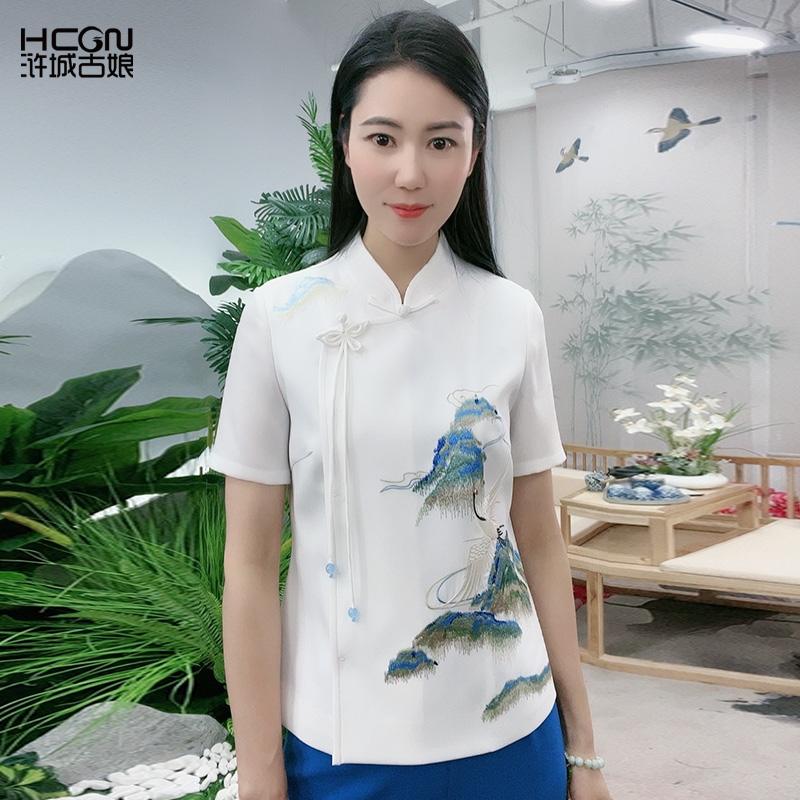 中式山水白色雅致修身气质刺绣女江山如画套装BMT18733+BMT19563