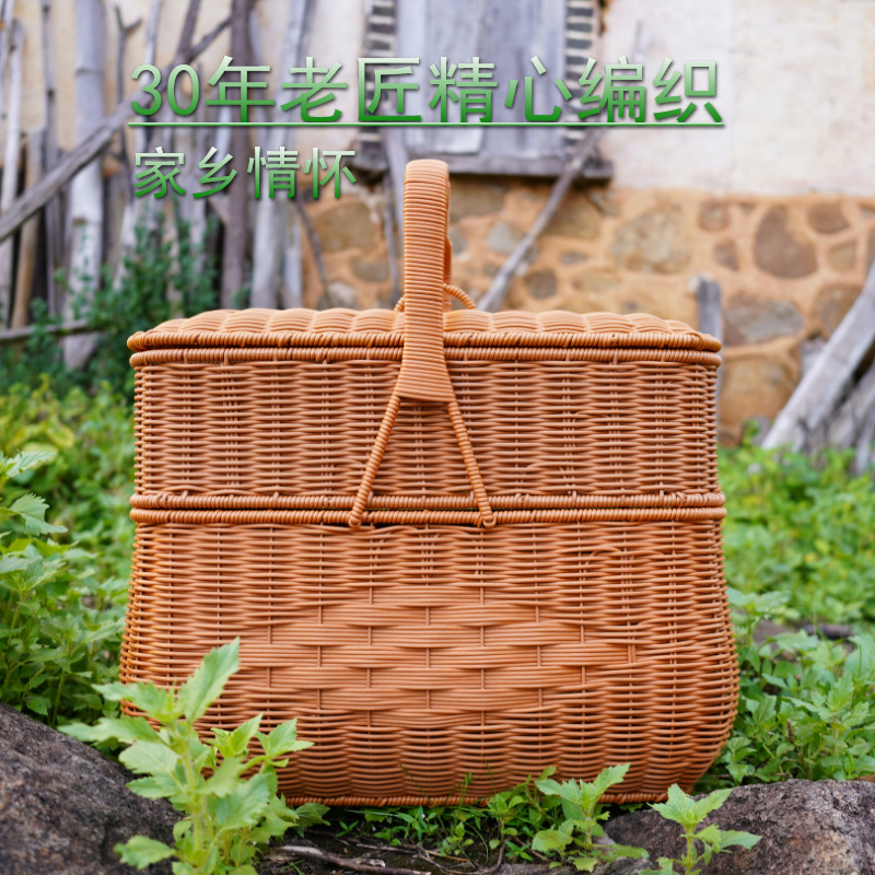 纯手工藤编收纳篮大容量双层手提篮送餐篮拜拜篮户外野餐篮家用