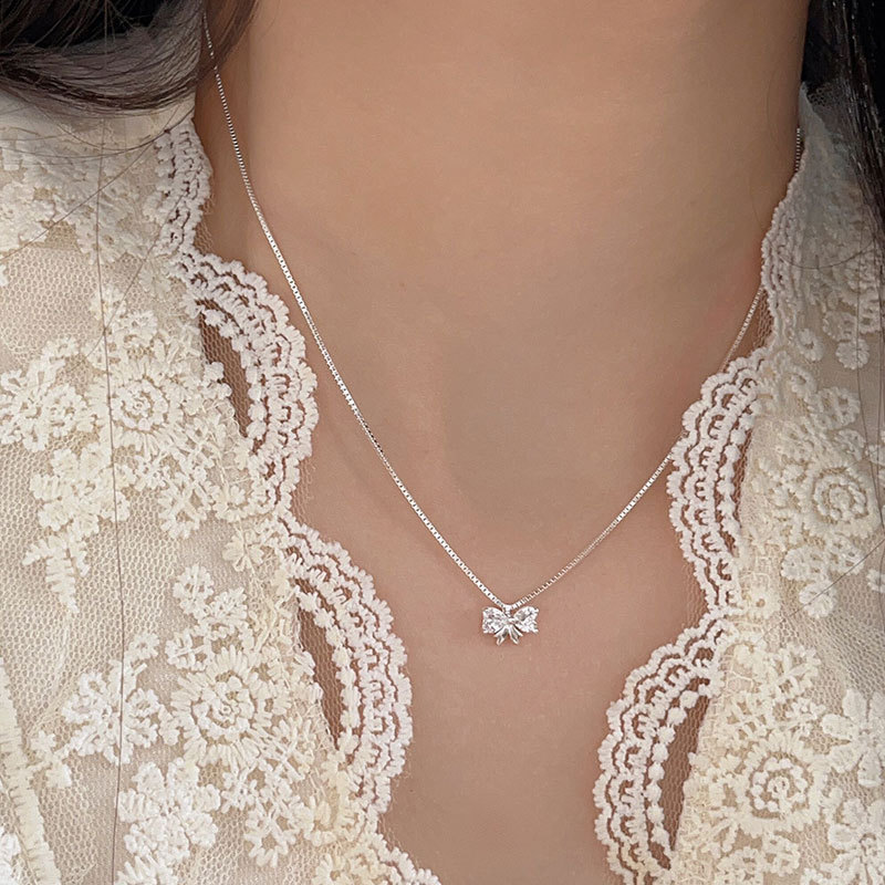 坠链均925银 S925纯银小众吊坠蝴蝶结项链女轻奢百搭高级锁骨链