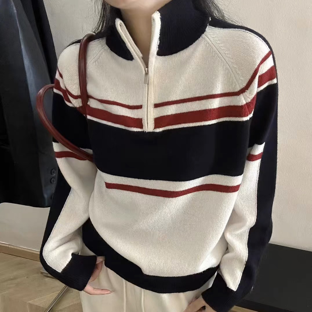 Nana   美式复古撞色条纹半拉链针织衫百搭毛衣