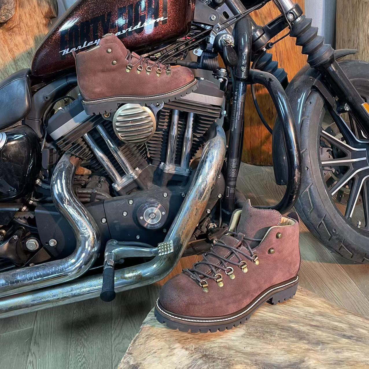 瑶笛严选山脉之光酒红反毛皮高端固特异工艺阿美咔叽工装靴LZ0034