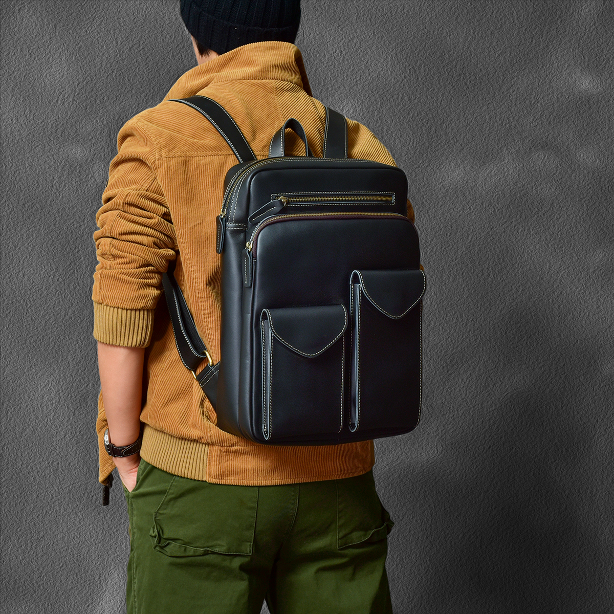 二十四街 复古薄款多隔层黑色牛皮背包真皮白线旅行双肩包书包