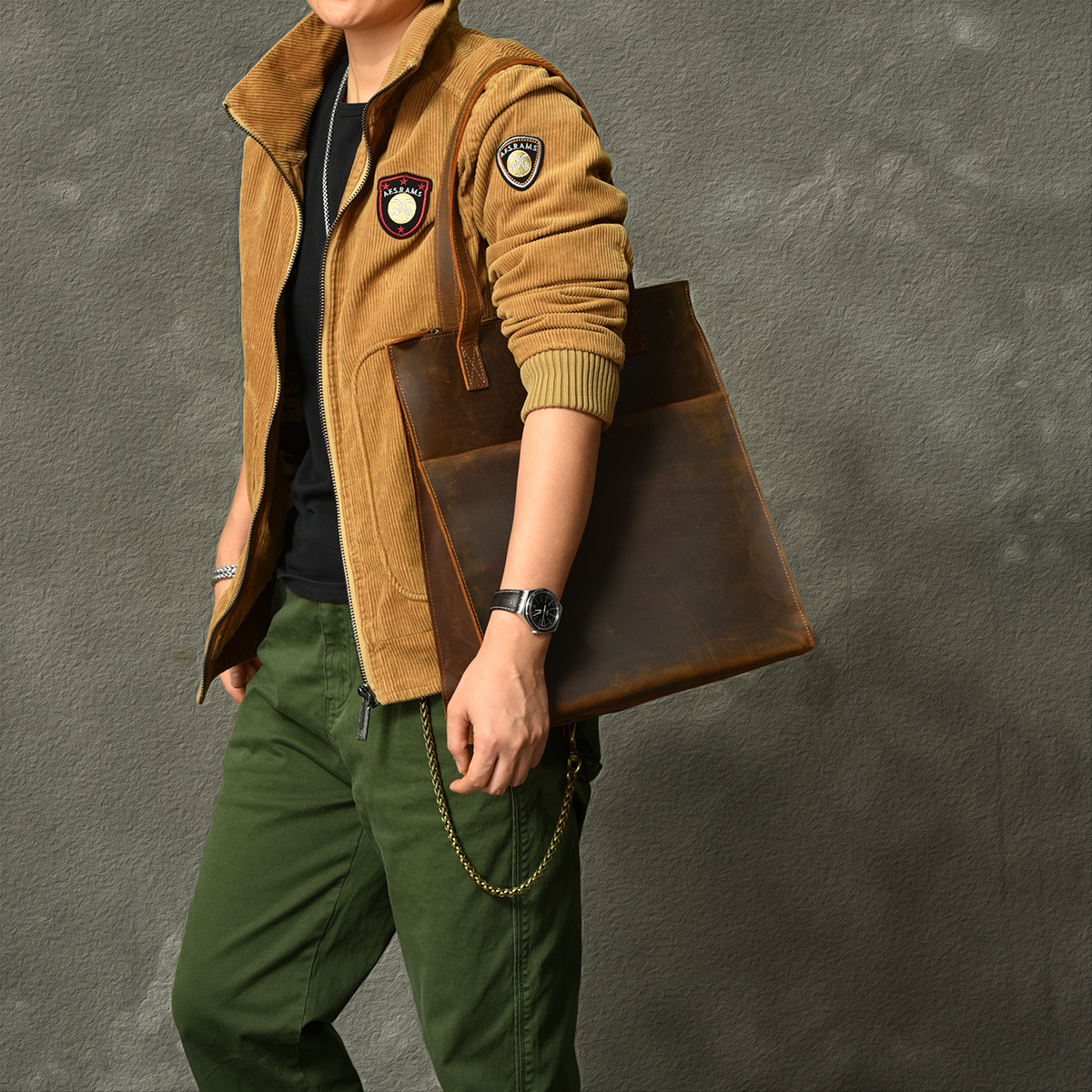 二十四街 复古牛皮手提竖款托特包欧美风疯马牛皮中性单肩包TOTE