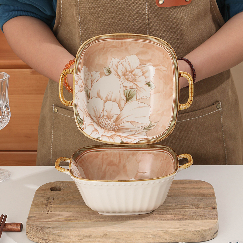 【年货浮力】山茶花2024新款7.75英寸双耳方碗网红轻奢餐具家用防烫