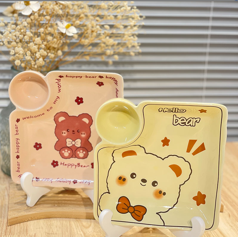 【小熊联盟】可爱萌趣家用7.5英寸饺子盘自带蘸料碟釉下彩陶瓷餐具
