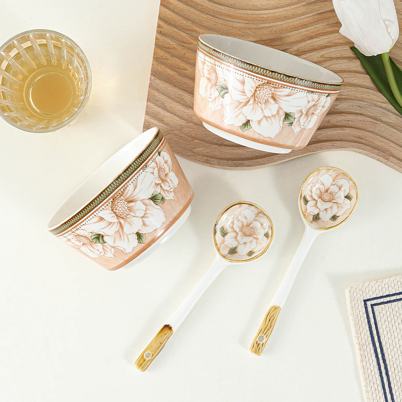 【山茶花2碗2勺】碗勺套装4.5英寸碗陶瓷釉下彩高颜值家用吃饭勺子