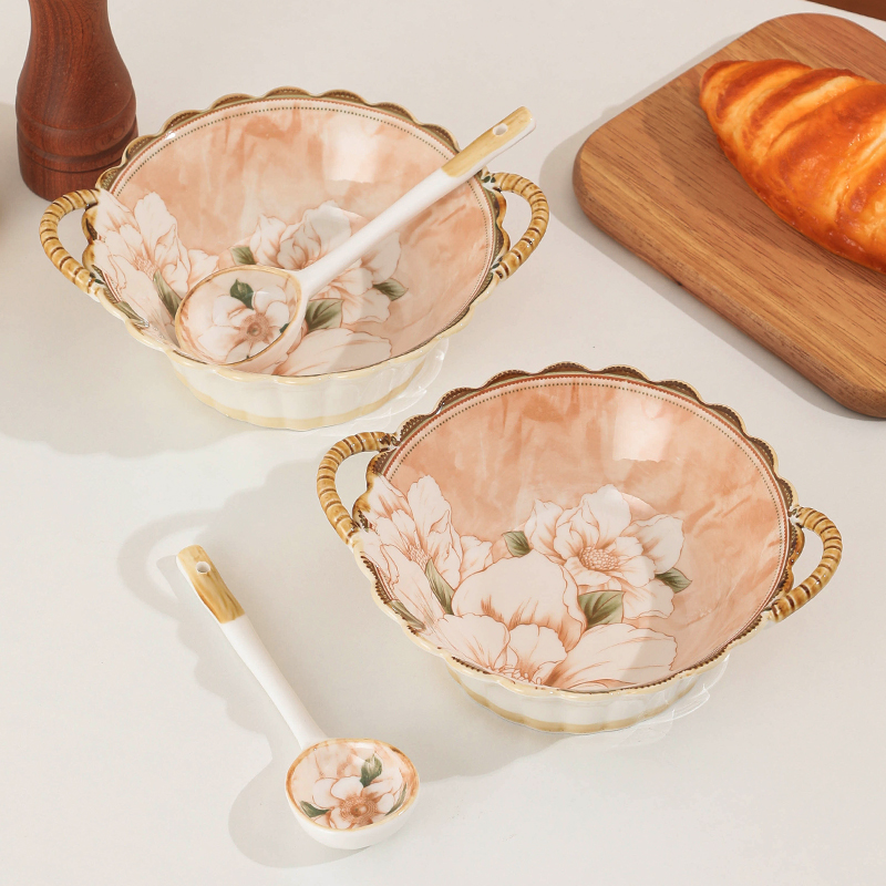 【山茶花】复古轻奢7.5英寸双耳碗勺陶瓷家用釉下彩高颜值精致