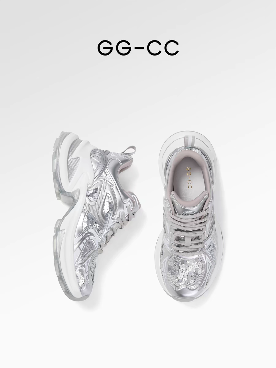 【星夜飞行】GGCC2024年夏新款厚底透气网面透气老爹鞋女银色休闲鞋