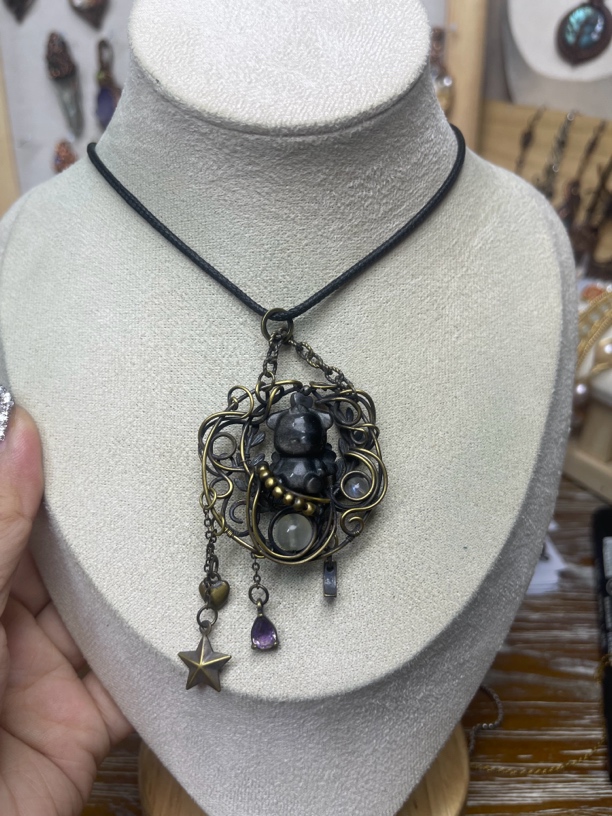 月光石/天河石/长石（处理）纯手工制作小熊黄铜做旧吊坠236