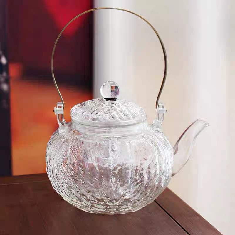 高端高颜值高硼硅玻璃铜把手蒸煮一体星空锤纹提梁壶
