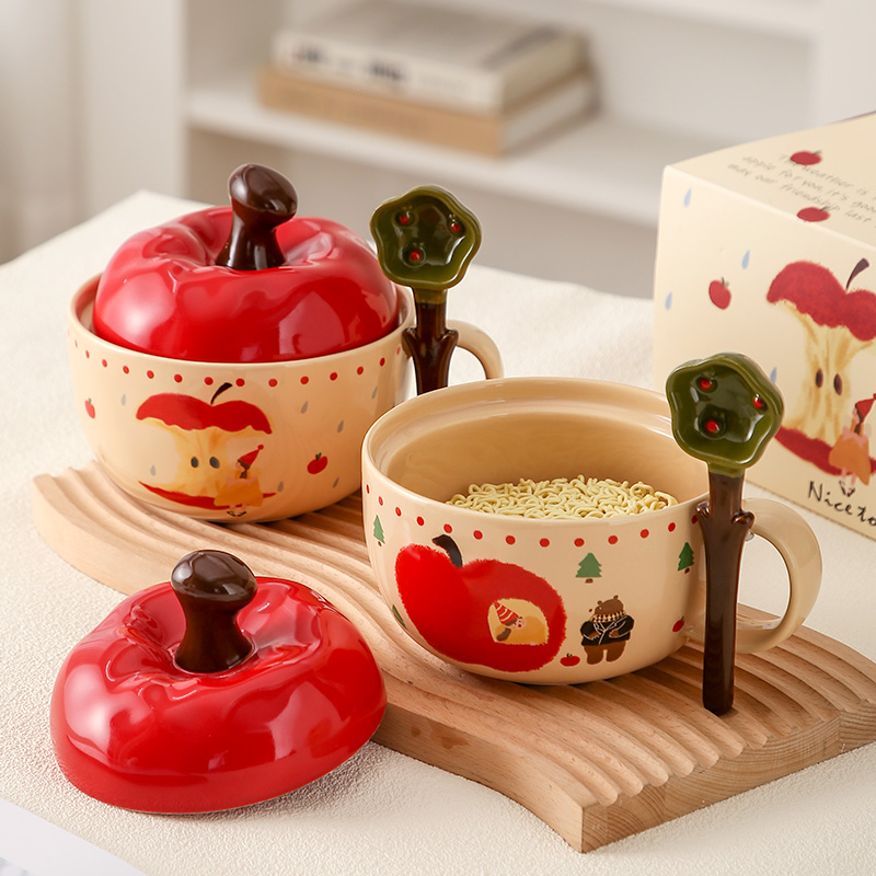 可爱苹果高颜值带盖勺手柄汤碗面碗8寸家用吃面专用碗特别好看的