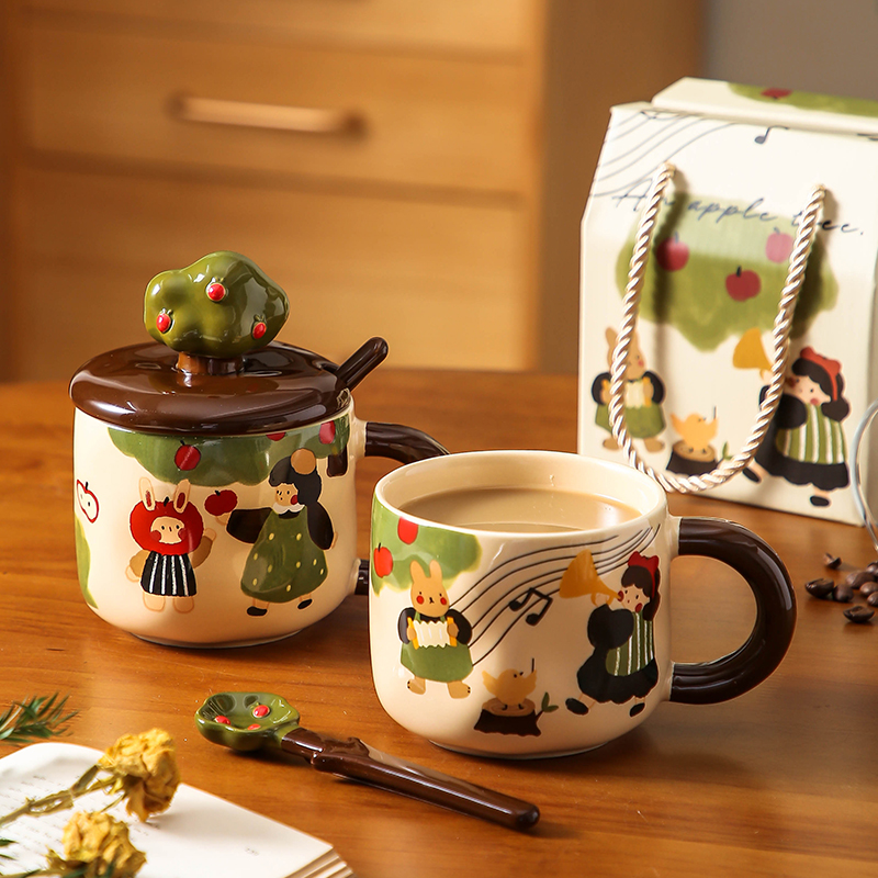 复古苹果树女孩马克杯带盖勺超萌陶瓷杯子女高颜值水杯家用咖啡杯
