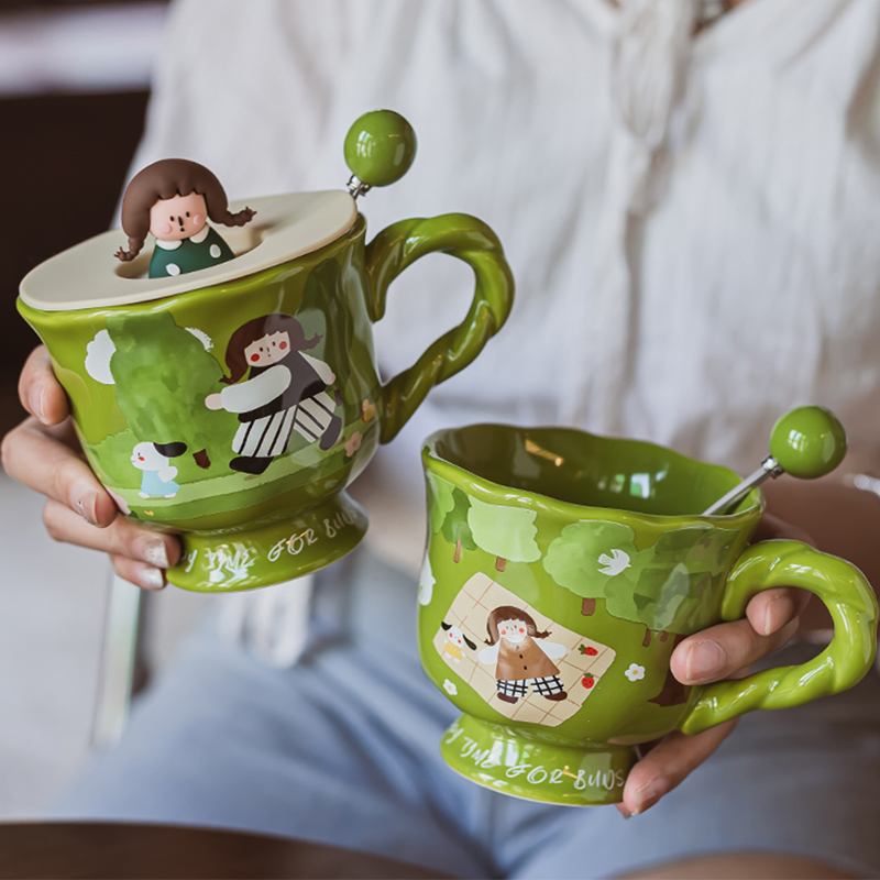 可爱陶瓷马克杯带盖办公室家用喝水杯早餐咖啡杯个性复古麻花杯子