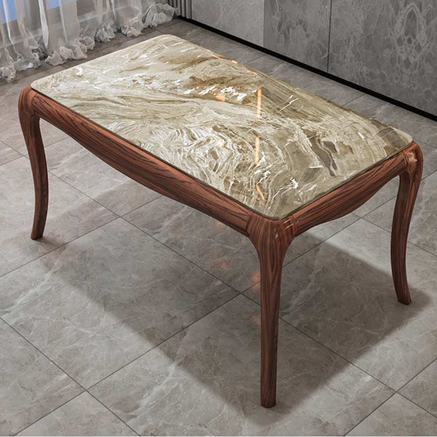 新中式北欧乌金木大理石餐桌椅组合现代简约实木长方形饭桌1桌6椅