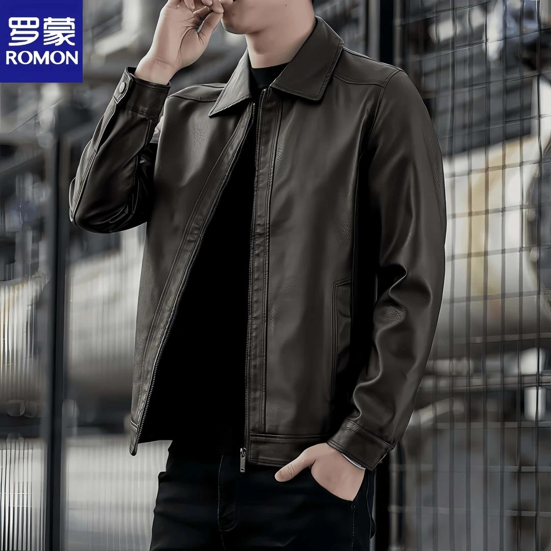 Romon/罗蒙翻领皮衣男士机车百搭男装新款春秋季商务休闲皮外套男