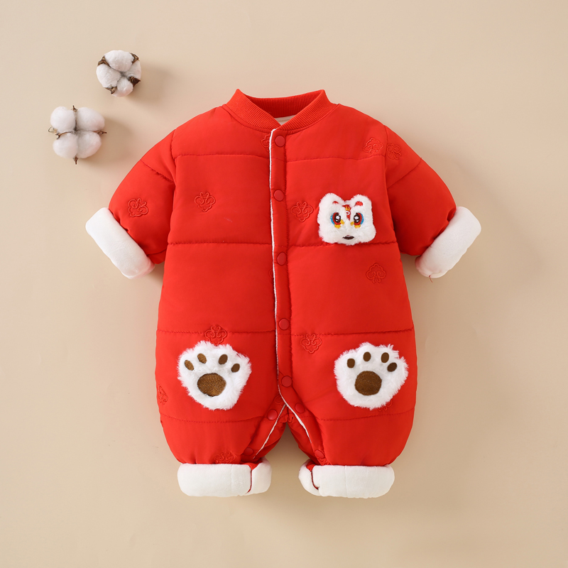 新生婴儿衣服秋冬拜年服加厚夹棉宝宝连体衣新年装初生冬装满月服
