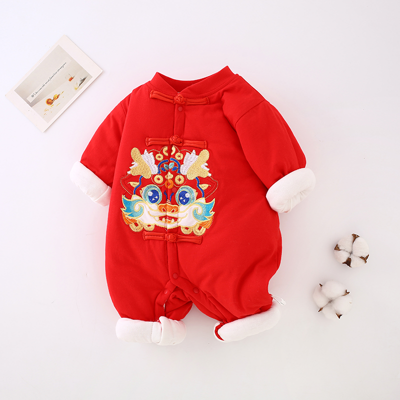 冬季新生婴儿拜年服初生过年服加厚夹棉连体衣服冬装男女宝宝哈衣