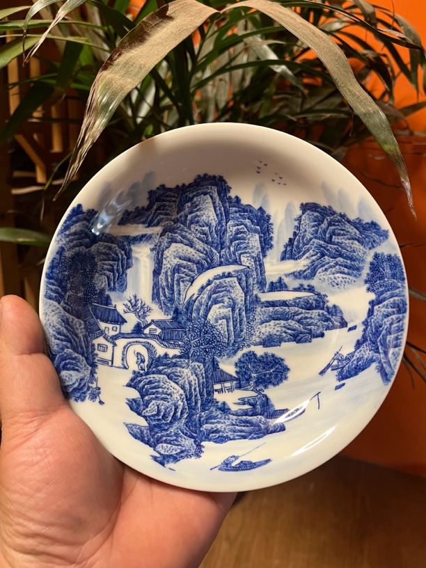 纯手工手绘釉下仿古泥青花工笔山水壶承