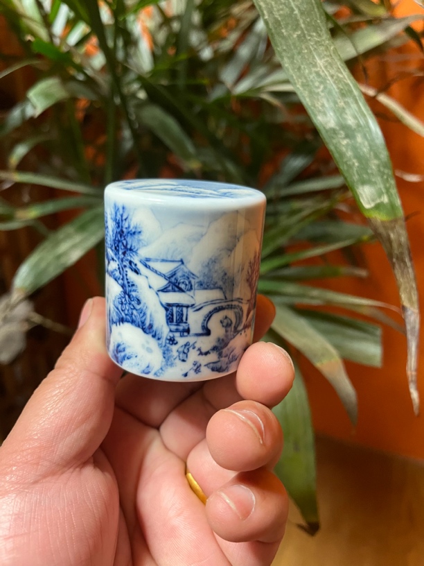 纯手工手绘釉下仿古泥青花两面绘工笔雪景山水顿顿盖置