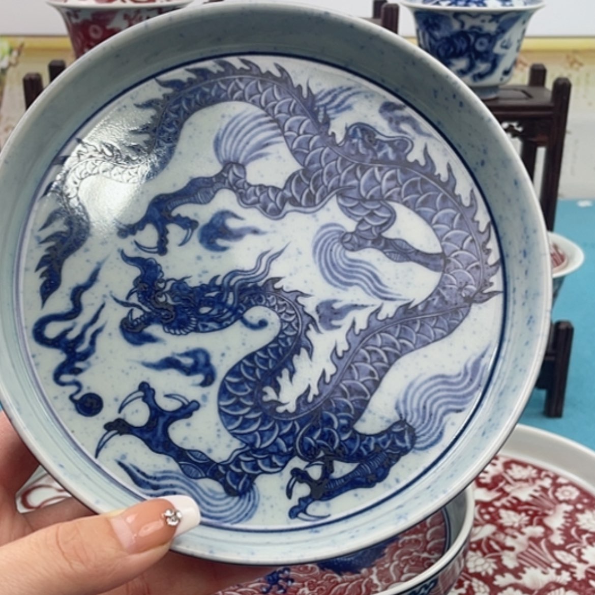 【闪购商品】陶瓷撒蓝龙大壶承