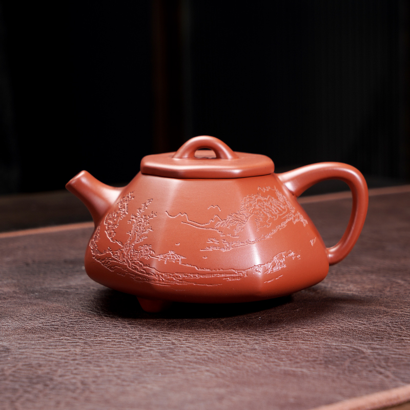  YK2572朱泥八方石瓢山水凤鸣壶+证书家用功夫茶具泡茶器
