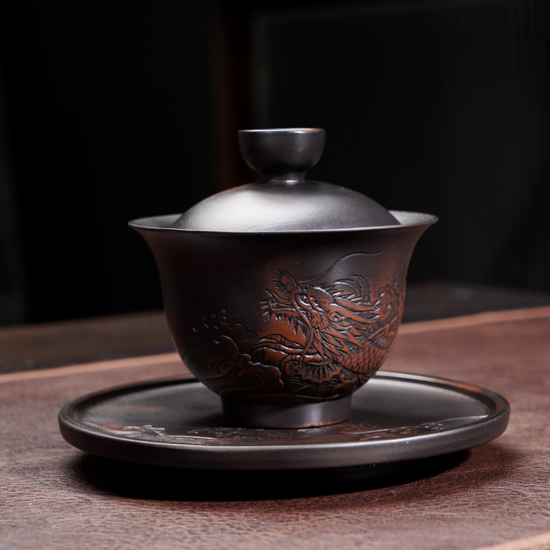 紫陶盖碗三才碗三序龙凤盖碗+证书