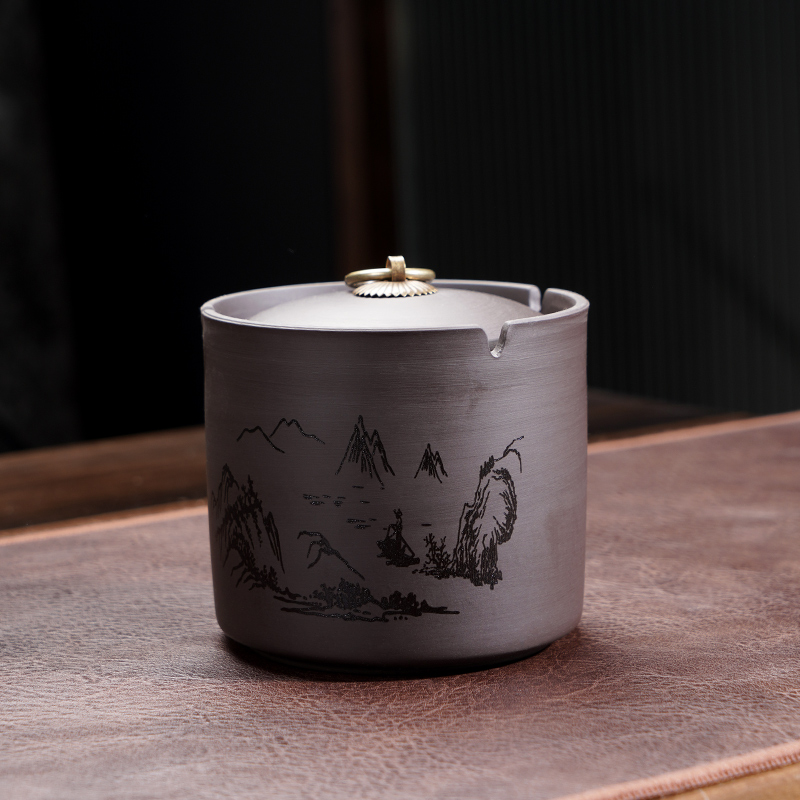 紫砂直口烟灰缸带盖防灰陶瓷客厅办公家用刻绘山水复古