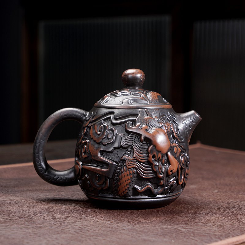 紫陶龙蛋壶陶瓷浮雕茶壶中式泡茶壶带证书