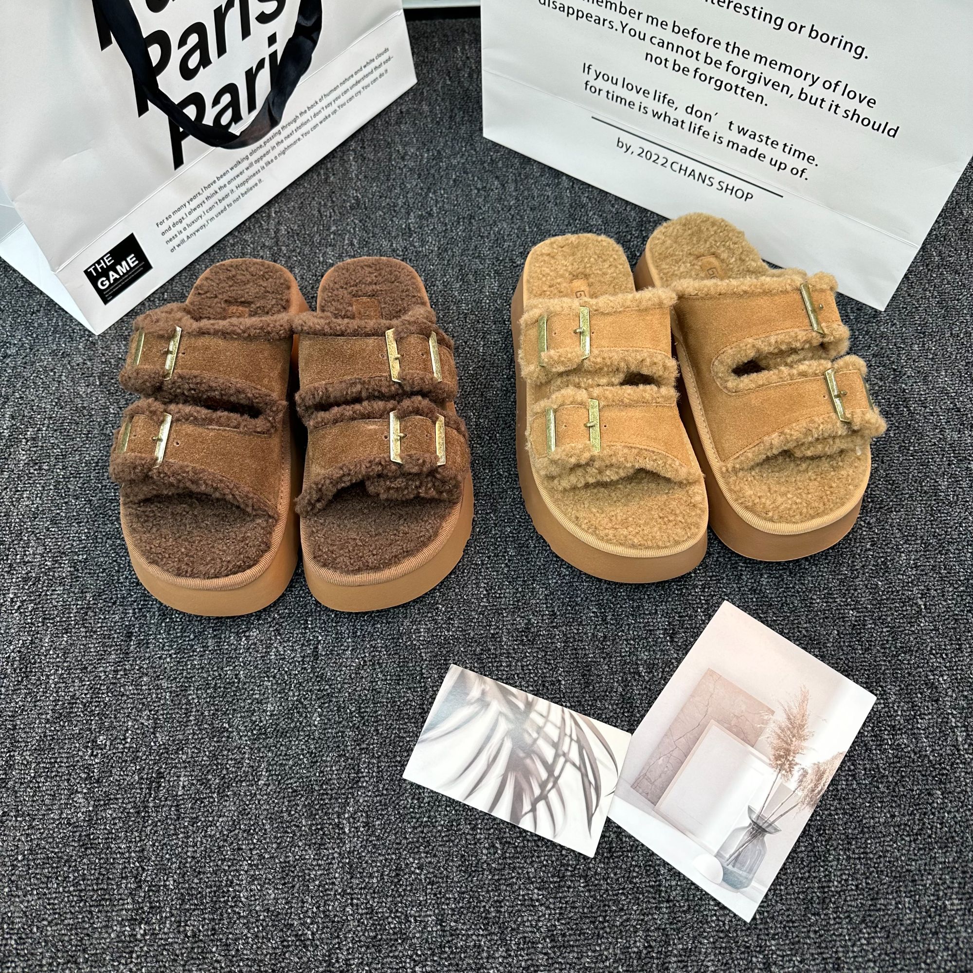 复古毛毛拖鞋女外穿时尚2024新款冬季厚底增高一字带棉拖鞋 9033