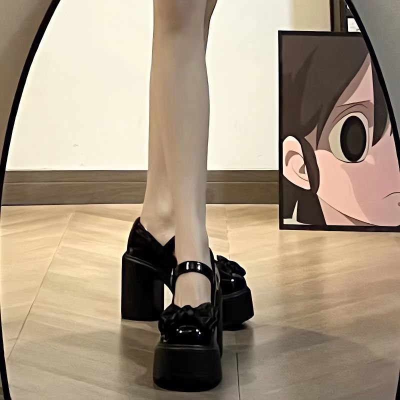 时尚蝴蝶结超高跟法式小皮鞋子女2023年秋冬季新款粗跟玛丽珍单鞋