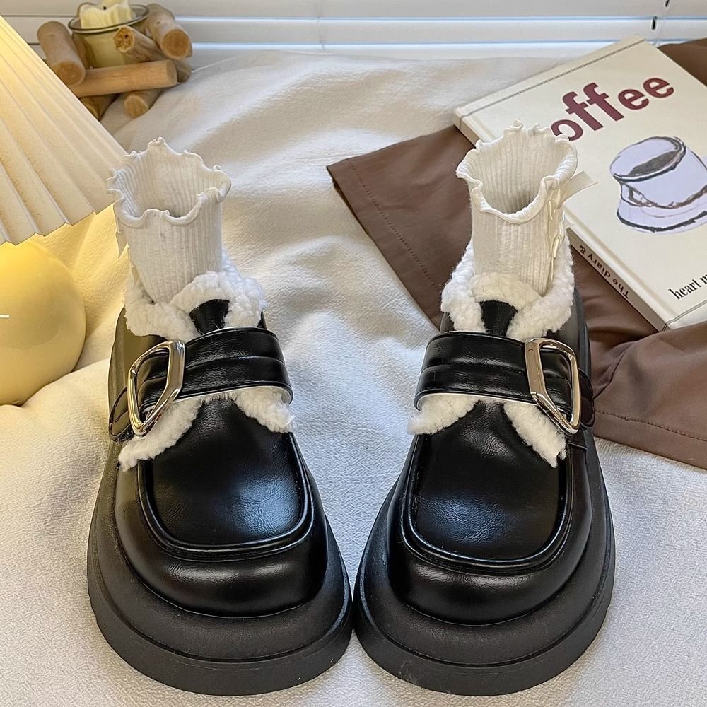 黑色厚底加绒小皮鞋女2023冬季新款复古英伦风日系jk保暖乐福单鞋