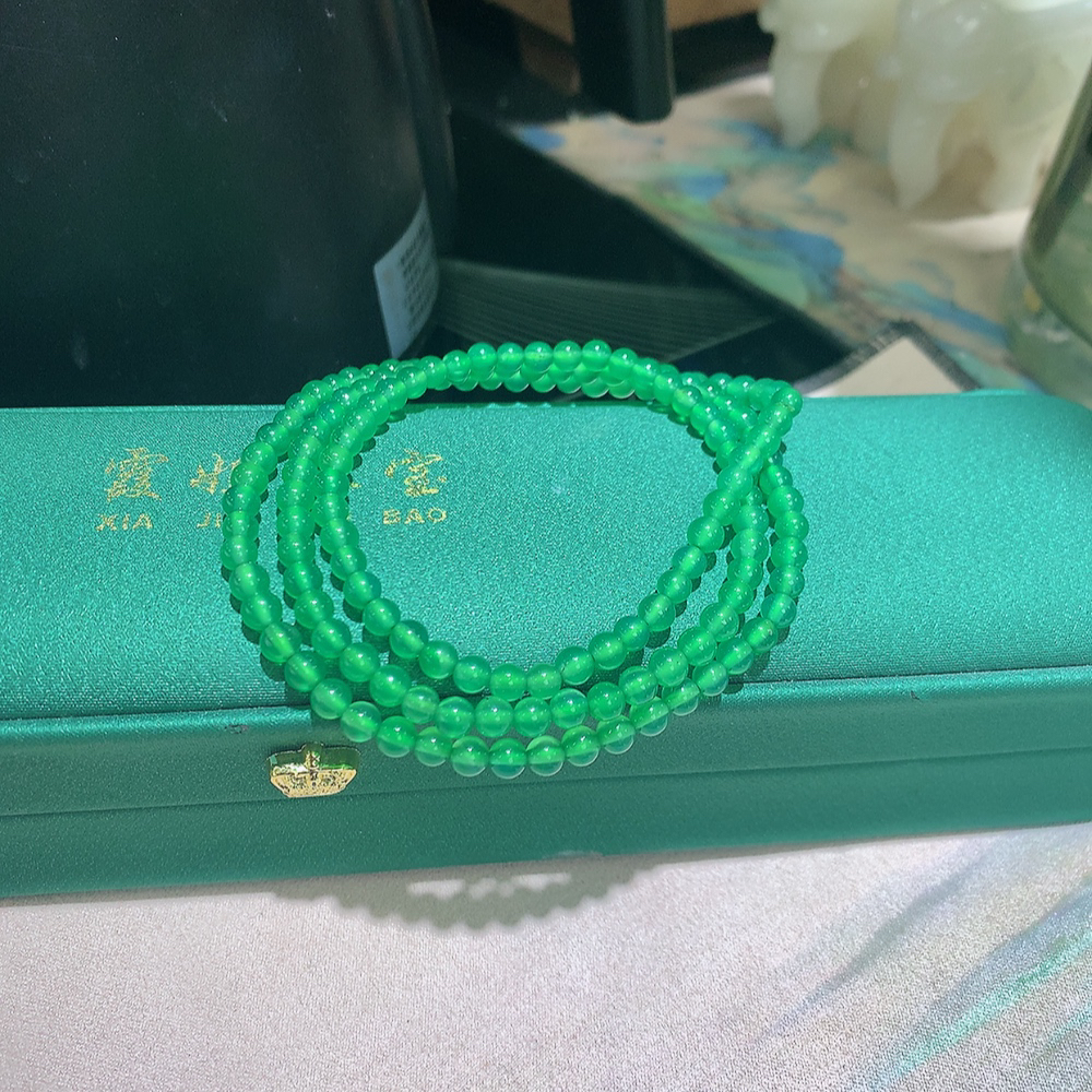 「霞姐珠宝」天然绿玉髓4mm55周长三圈手链项项链两用款