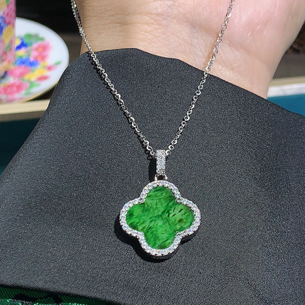 「霞姐珠宝」翡翠A货辣绿四叶草20尺寸s925银镶嵌两面带