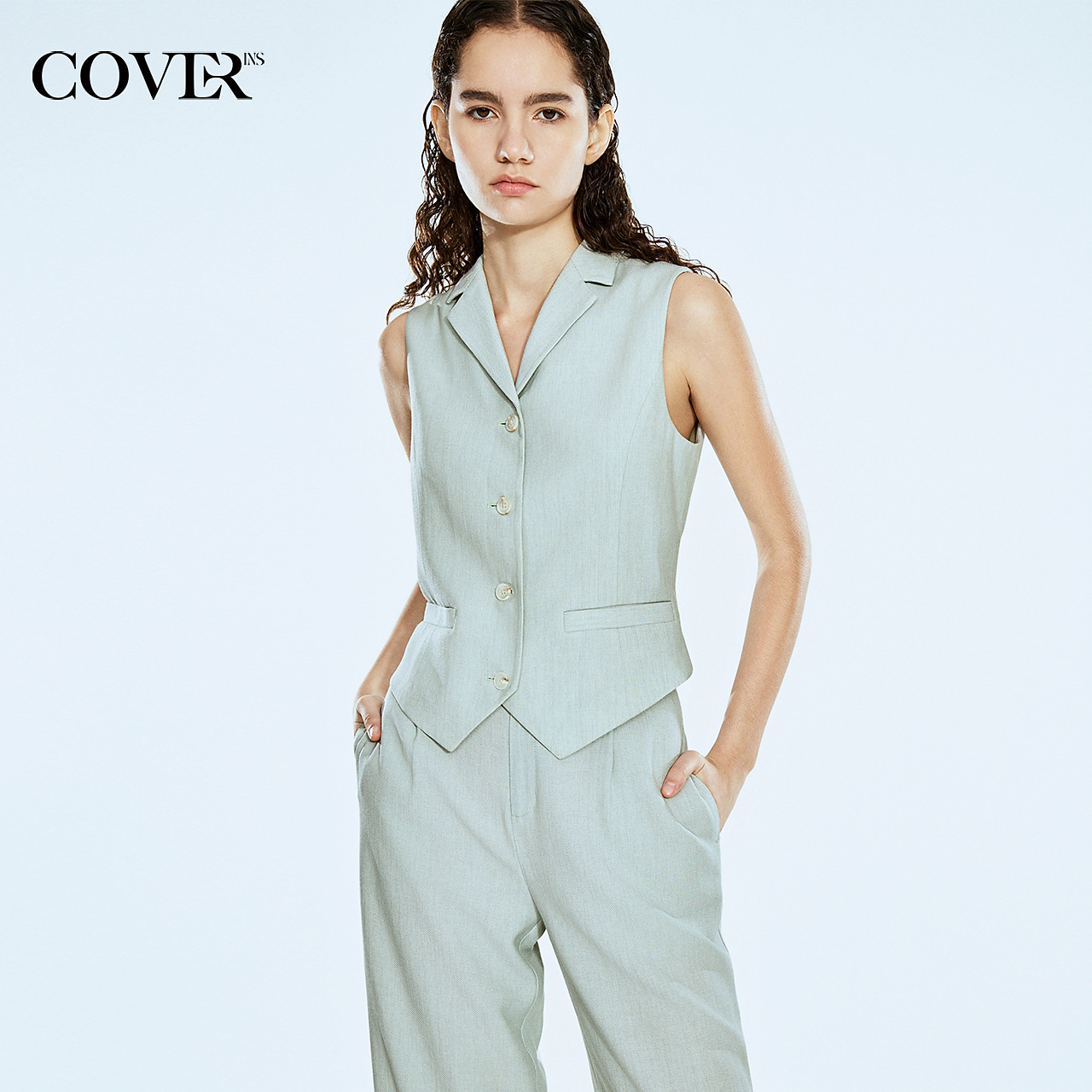 COVERINS夏款亚麻混纺型格薄荷绿西装马甲