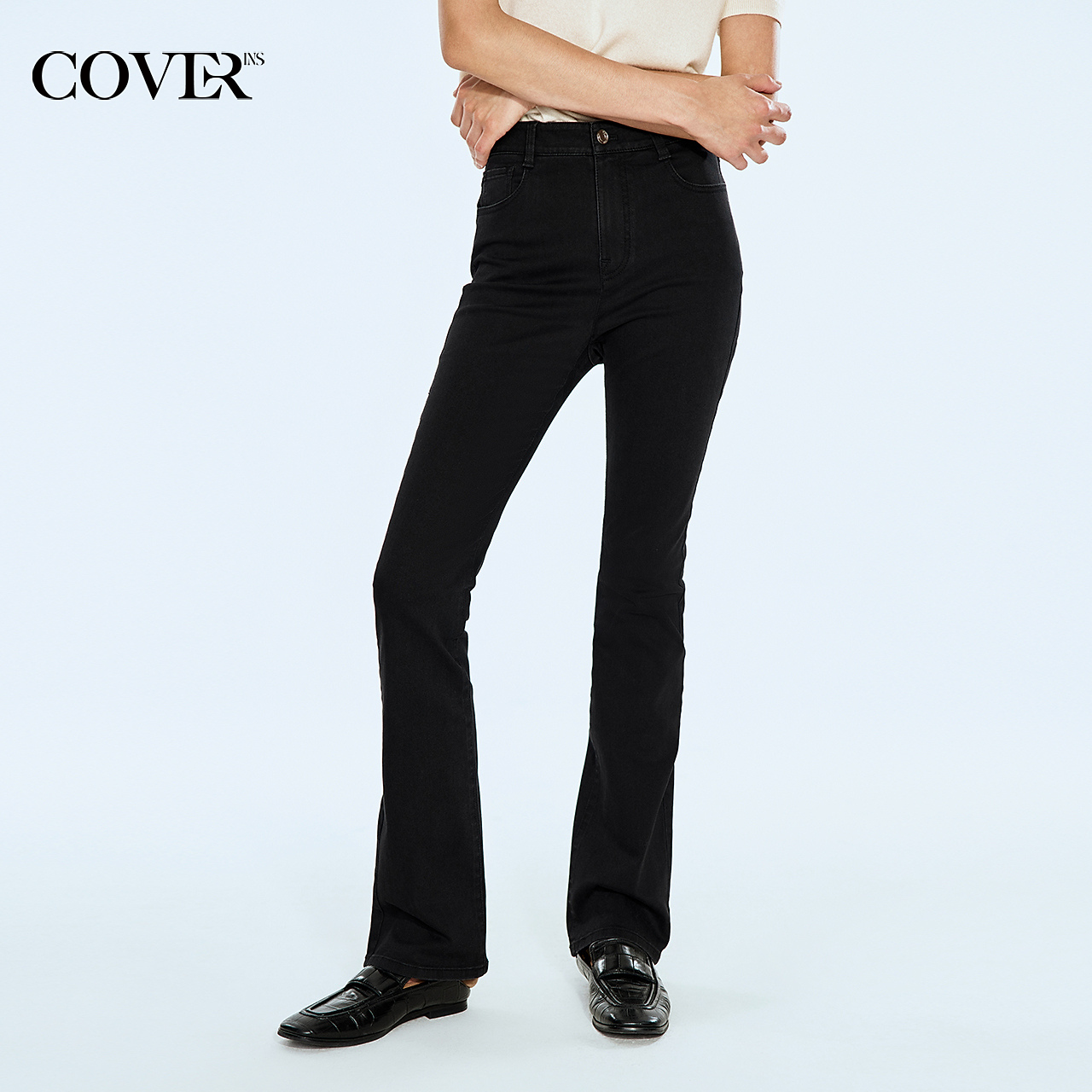 COVERINS春款修身水洗喇叭高腰牛仔裤