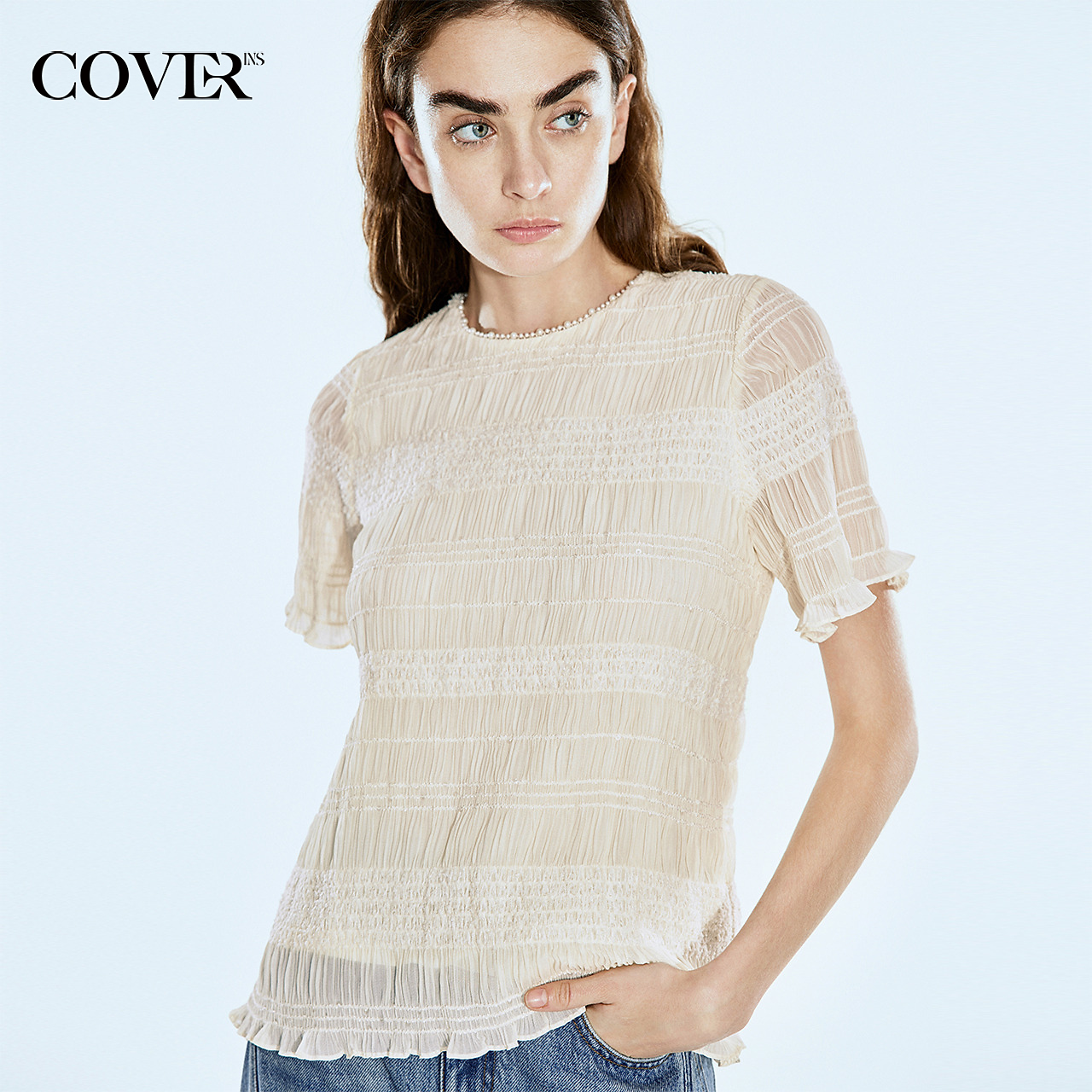 COVERINS夏季重工钉珠亮片压褶肌理感小衫