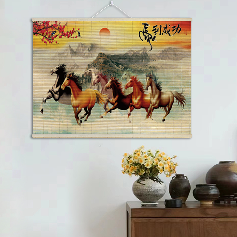  印花竹帘国风装饰画客厅玄关背景墙竹艺横版挂画书房复古竹挂帘