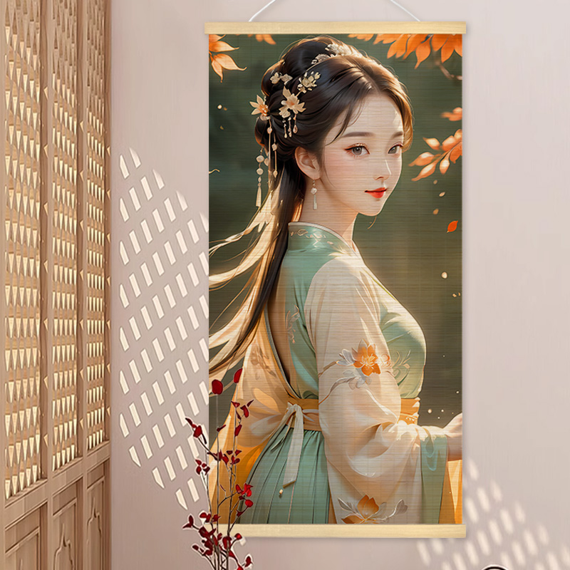 中式竹帘卷轴挂画民宿茶室背景墙国潮装饰画餐厅高山环保竹片挂画